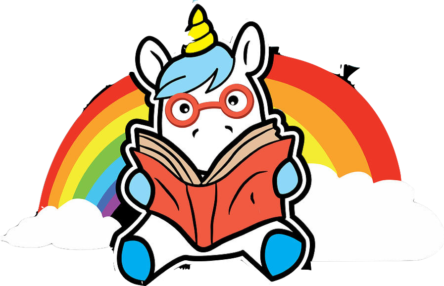 nerdy unicorn reading under a rainbow